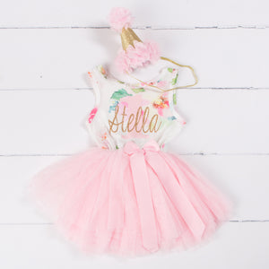 Pink Floral "Her Name" Sleeveless Tutu Dress & Pink Party Hat