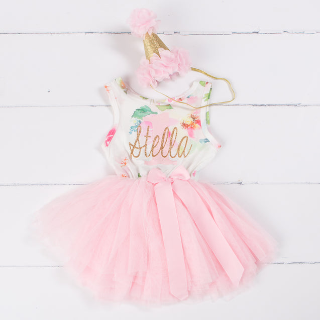 Pink Floral "Her Name" Sleeveless Tutu Dress & Pink Party Hat