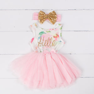 Pink Floral "Her Name" Sleeveless Tutu Dress