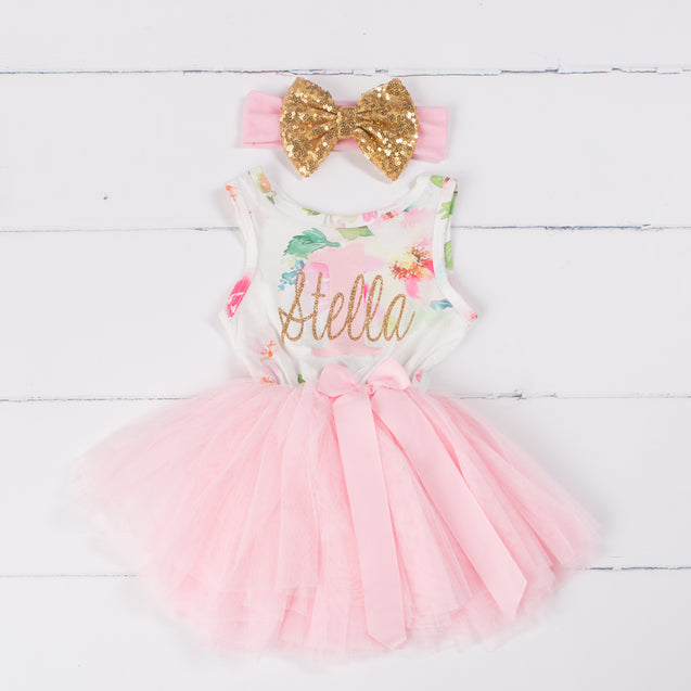 Pink Floral "Her Name" Sleeveless Tutu Dress