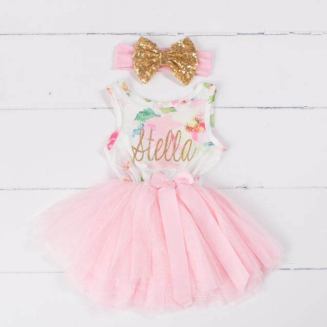 Pink Floral "Her Name" Sleeveless Tutu Dress & Gold Bow on Pink Headband