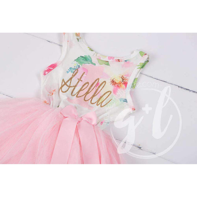 Pink Floral "Her Name" Sleeveless Tutu Dress & Gold Bow on Pink Headband - Grace and Lucille