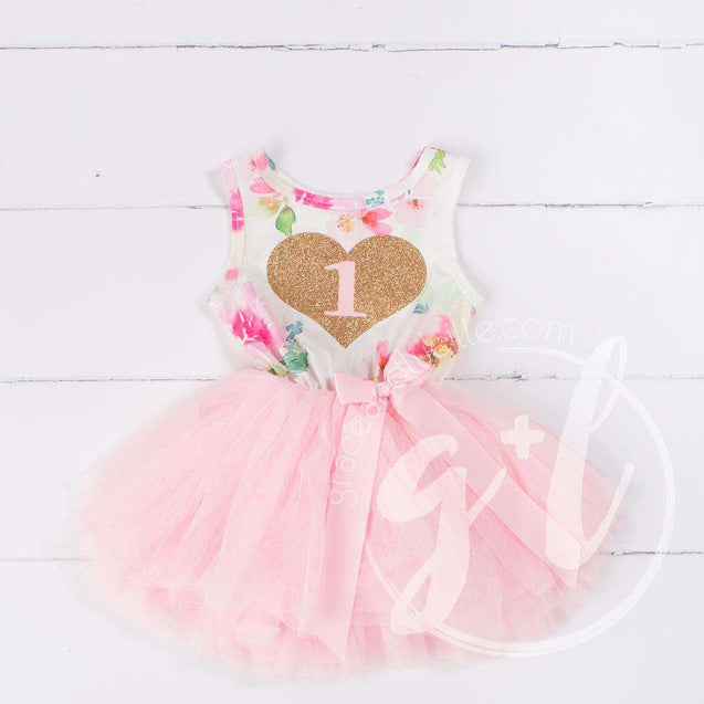 Pink Floral Heart of Gold 1st Birthday Outfit, "1" Pink Floral Sleeveless Dress & Pink Party Hat - Grace and Lucille
