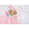 Pink Floral Heart of Gold 1st Birthday Outfit, "1" Pink Floral Sleeveless Dress with Gold & Pink Headband - Grace and Lucille