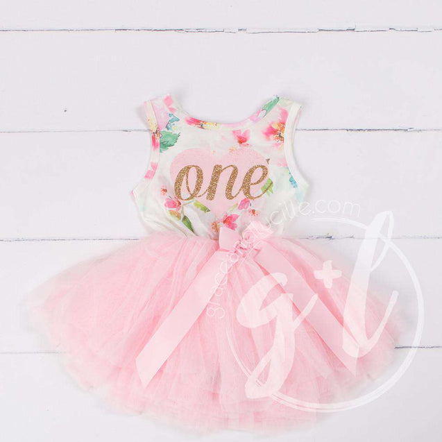 Pink Floral Heart 1st Birthday Outfit, ONE" Pink Floral Sleeveless Tutu Dress & Pink Party Hat - Grace and Lucille