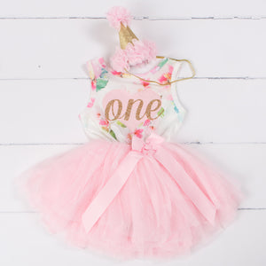 Pink Floral Heart 1st Birthday Outfit, ONE" Pink Floral Sleeveless Tutu Dress & Pink Party Hat