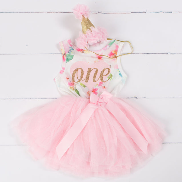 Pink Floral Gold Script Birthday Dress (1st Birthday Dress - 1st Birthday Outfit)