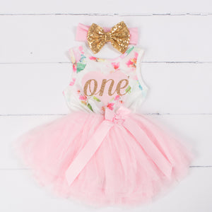 Pink Floral Heart 1st Birthday Outfit, "ONE" Pink Floral Sleeveless Dress with Gold & Pink Headband