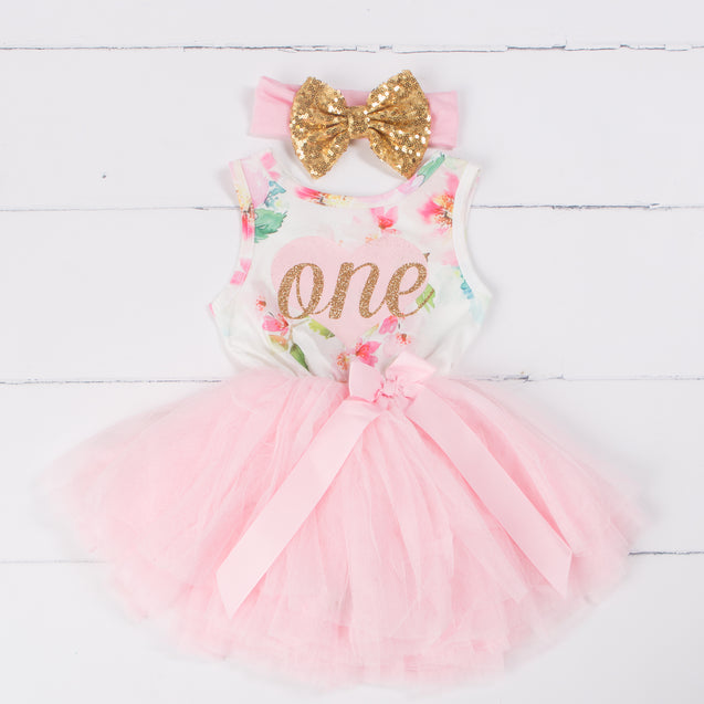 Pink Floral Heart 1st Birthday Outfit, "ONE" Pink Floral Sleeveless Dress with Gold & Pink Headband
