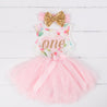 Pink Floral Heart 1st Birthday Outfit, "ONE" Pink Floral Sleeveless Dress with Gold & Pink Headband