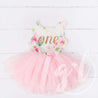 Pink Floral First Birthday Outfit, "ONE" Pink Floral Sleeveless Dress with Gold & Pink Headband - Grace and Lucille