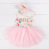 Pink Floral First Birthday Outfit, ONE" Pink Floral Sleeveless Dress with Pink Party Hat