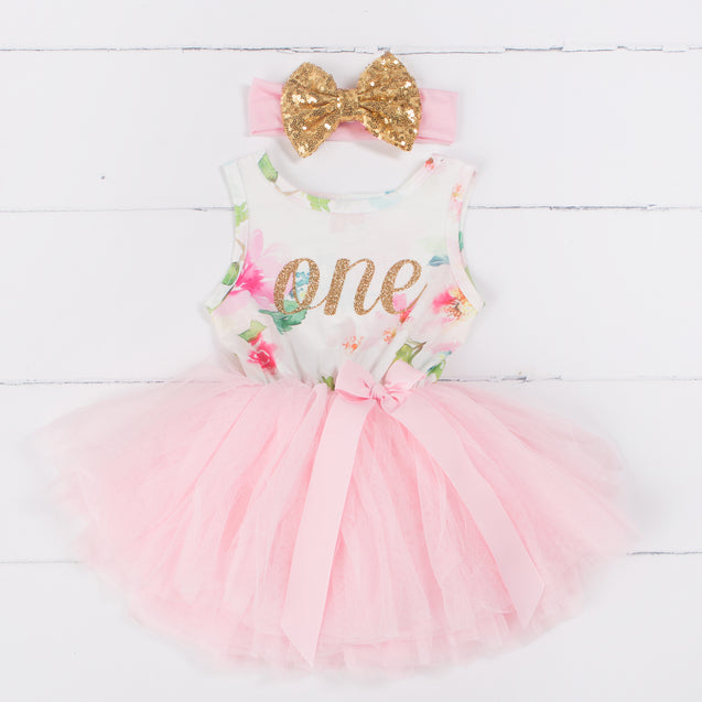 Pink Floral First Birthday Outfit, "ONE" Pink Floral Sleeveless Dress with Gold & Pink Headband