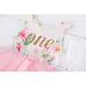 Pink Floral First Birthday Outfit, "ONE" Pink Floral Sleeveless Dress with Gold & Pink Headband - Grace and Lucille