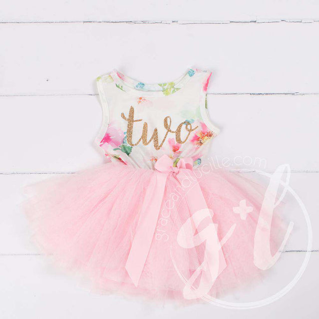 Pink Floral Second Birthday Outfit, "TWO" Pink Floral Sleeveless Dress with Pink Party Hat - Grace and Lucille