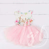 Pink Floral Second Birthday Outfit, "TWO" Pink Floral Sleeveless Dress with Pink Party Hat - Grace and Lucille