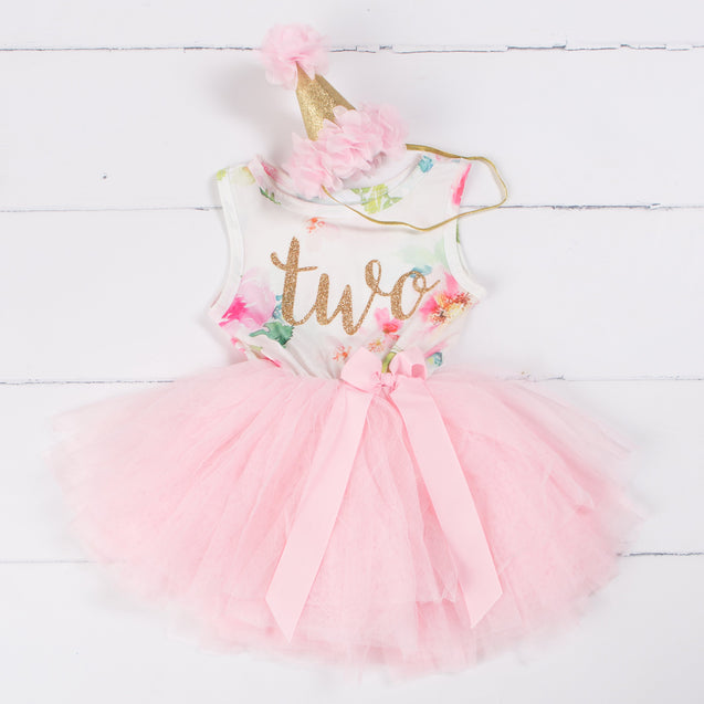 Pink Floral Gold Script Birthday Dress (2nd Birthday Dress - 2nd Birthday Outfit)