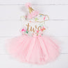 Pink Floral Second Birthday Outfit, "TWO" Pink Floral Sleeveless Dress with Pink Party Hat