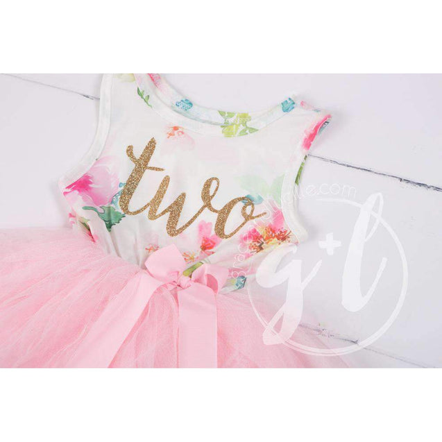 Pink Floral Second Birthday Outfit, "TWO" Pink Floral Sleeveless Dress with Pink Party Hat - Grace and Lucille