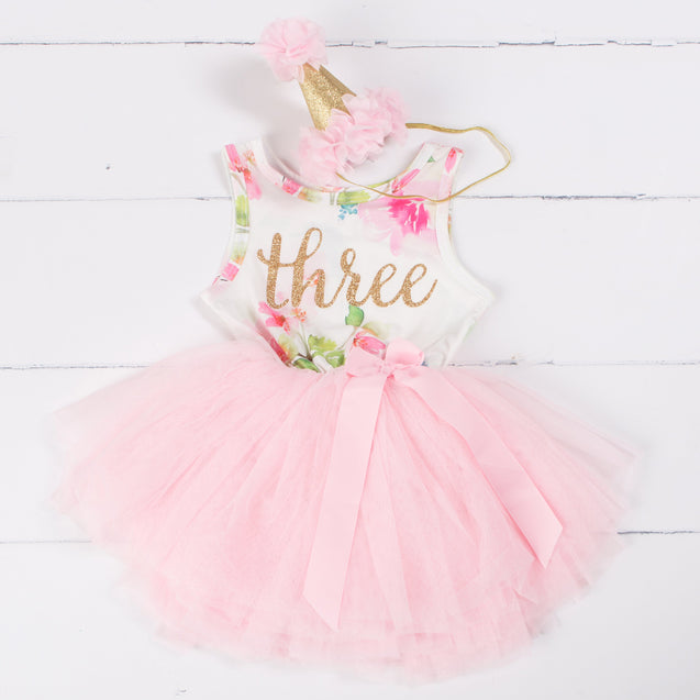 Pink Floral Gold Script Birthday Dress (1st Birthday Dress - 1st Birthday Outfit)