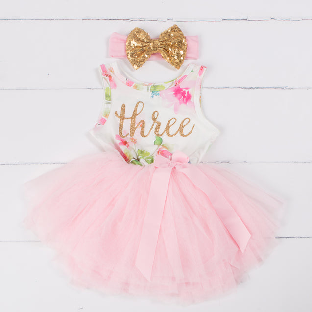 Pink Floral Third Birthday Outfit, "THREE" Pink Floral Sleeveless Dress with Gold & Pink Headband