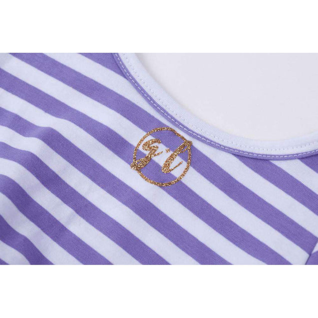 2nd Birthday Dress Gold Script "TWO" Purple Striped Long Sleeve - Grace and Lucille