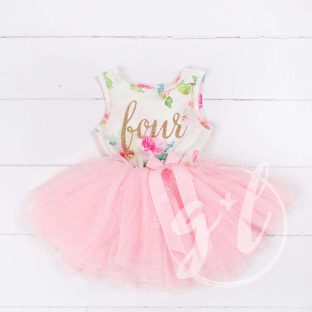 Pink Floral Fourth Birthday Outfit, "FOUR" Pink Floral Sleeveless Dress with Gold & Pink Headband - Grace and Lucille