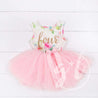 Pink Floral Fourth Birthday Outfit, "FOUR" Pink Floral Sleeveless Dress with Pink Party Hat - Grace and Lucille