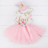 Pink Floral Fourth Birthday Outfit, "FOUR" Pink Floral Sleeveless Dress with Pink Party Hat