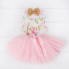 Pink Floral Fourth Birthday Outfit, "FOUR" Pink Floral Sleeveless Dress with Gold & Pink Headband