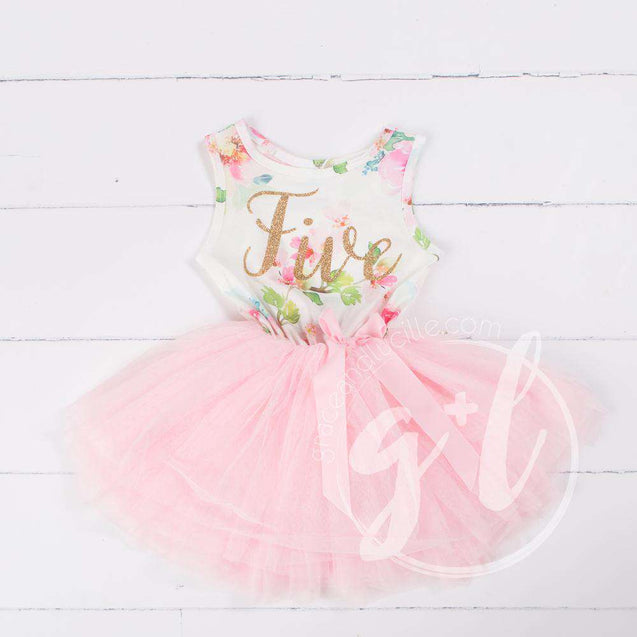 Pink Floral Fifth Birthday Outfit, "FIVE" Pink Floral Sleeveless Dress with Gold & Pink Headband - Grace and Lucille
