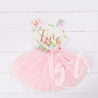 Pink Floral Fifth Birthday Outfit, "FIVE" Pink Floral Sleeveless Dress with Gold & Pink Headband - Grace and Lucille