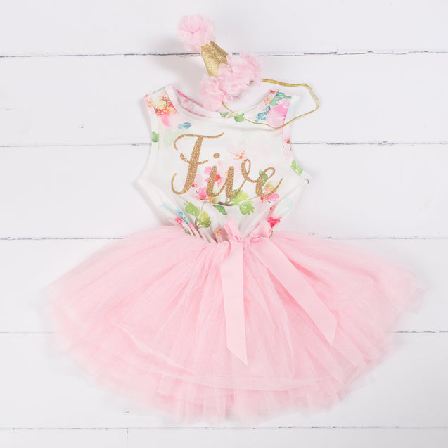 Pink Floral Gold Script Birthday Dress (3rd Birthday Dress - 3rd Birthday Outfit)