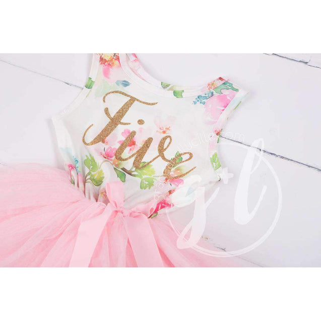 Pink Floral Fifth Birthday Outfit, "FIVE" Pink Floral Sleeveless Dress with Gold & Pink Headband - Grace and Lucille