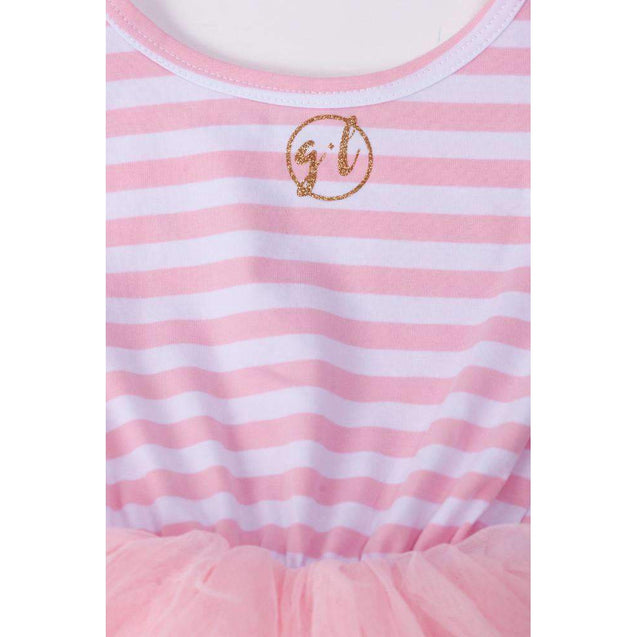 1st Birthday Outfit Scalloped Heart "ONE" Pink Stripe Sleeveless Dress, White Leg Warmers & Gold Bow - Grace and Lucille