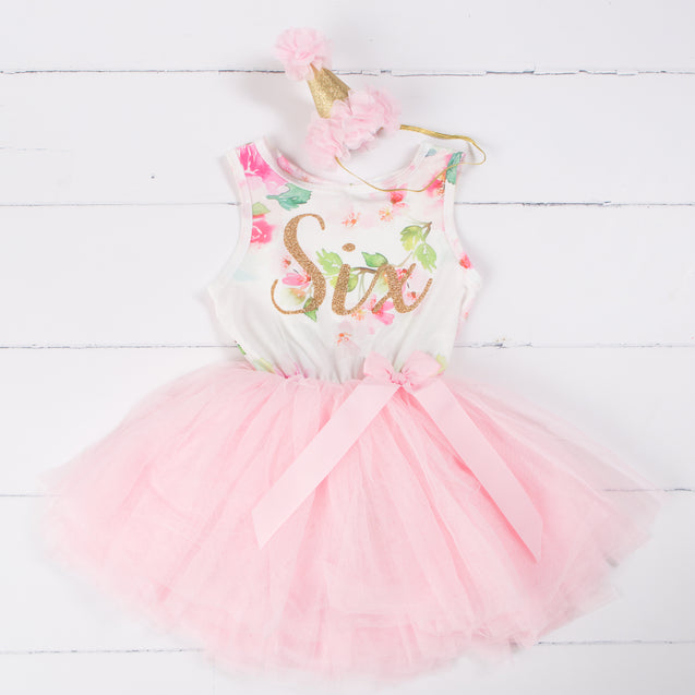 Pink Floral Sixth Birthday Outfit, "SIX" Pink Floral Sleeveless Dress with Pink Party Hat