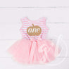 1st Birthday Halloween Pumpkin Outfit, "ONE" Pink Stripe Sleeveless Dress & Pink Party Hat - Grace and Lucille