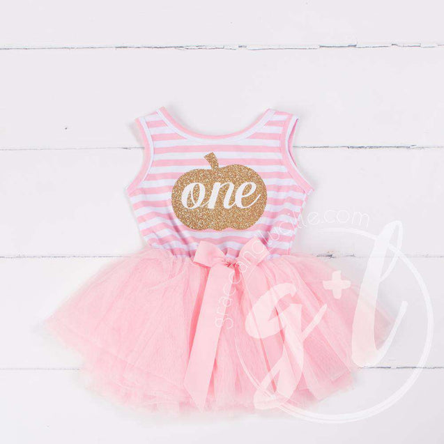 1st Birthday Halloween Pumpkin Outfit, "ONE" Pink Stripe Sleeveless Dress & Gold Pink Headband - Grace and Lucille