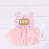 1st Birthday Halloween Pumpkin Outfit, "ONE" Pink Stripe Sleeveless Dress & Gold Pink Headband - Grace and Lucille