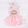 1st Birthday Halloween Pumpkin Outfit, "ONE" Pink Stripe Sleeveless Dress & Pink Party Hat - Grace and Lucille