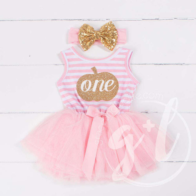 1st Birthday Halloween Pumpkin Outfit, "ONE" Pink Stripe Sleeveless Dress & Gold Pink Headband - Grace and Lucille