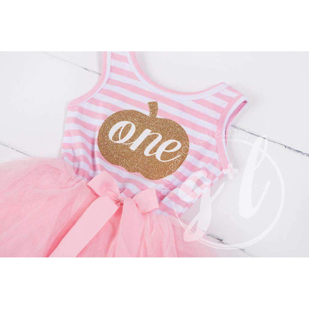 1st Birthday Halloween Pumpkin Outfit, "ONE" Pink Stripe Sleeveless Dress & Pink Party Hat - Grace and Lucille