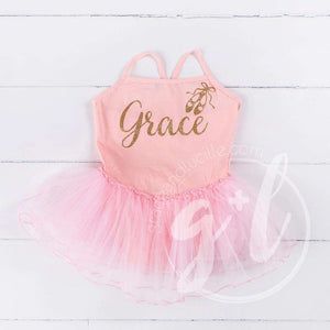 Ballet Leotard Tutu Classic Pink with Gold Ballet Slippers and Personalized with"Her Name" - Grace and Lucille