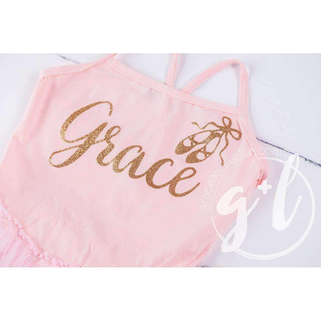 Ballet Leotard Tutu Classic Pink with Gold Ballet Slippers and Personalized with"Her Name" - Grace and Lucille