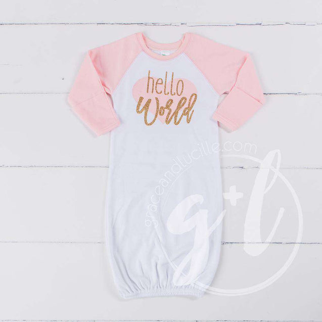 "Hello World" Pink Heart Raglan Gown & Pink Beanie with "Her Name", Welcome Home Outfit - Grace and Lucille