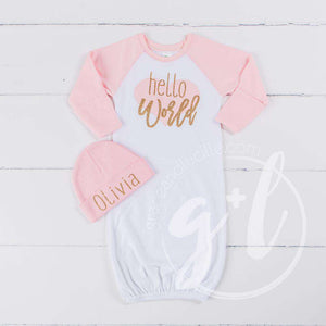 "Hello World" Pink Heart Raglan Gown & Pink Beanie with "Her Name", Welcome Home Outfit - Grace and Lucille
