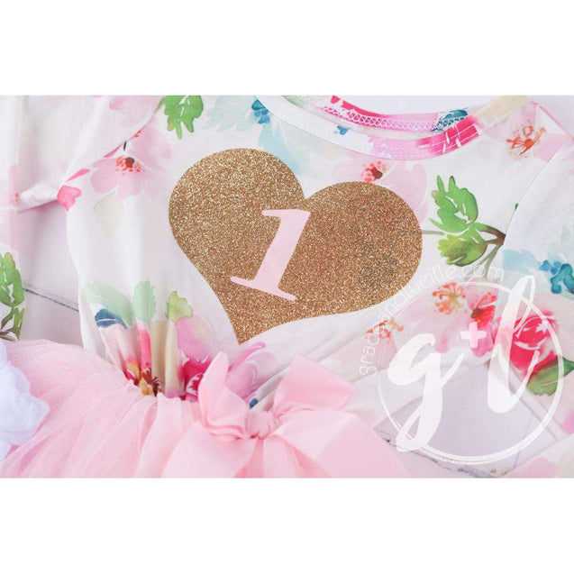 1st Birthday Outfit Gold Heart number "1" Pink Floral Long Sleeve Dress, White Leg Warmers & Gold Bow Pink Headband - Grace and Lucille