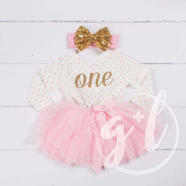 1st Birthday Outfit Gold Script "ONE" Pink Polka Dot Long Sleeve Tutu Dress with Pink & Gold Headband - Grace and Lucille