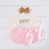 1st Birthday Outfit Gold Script "ONE" Pink Polka Dot Long Sleeve Tutu Dress with Pink & Gold Headband - Grace and Lucille