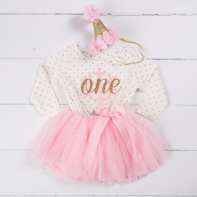 1st Birthday Christmas Outfit Pink Snowflake Gold "ONE" Pink Polka Dot Long Sleeve Tutu Dress & Pink Party Hat - Grace and Lucille